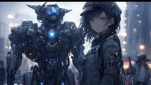 futuristic police officers in rain city