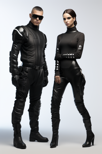 Futuristic punk male and female in black uniforms