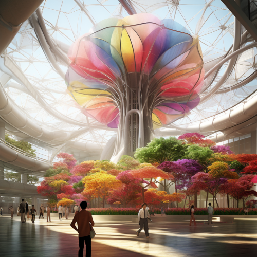 Futuristic rainbow windmill in colorful future city Futuristic rainbow windmill in colorful future city
