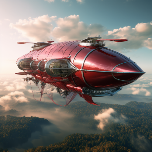 Futuristic red airship blimp flying high