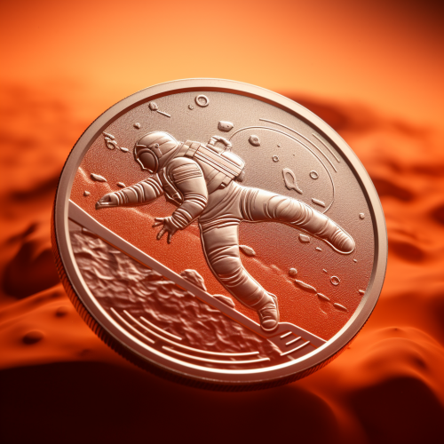 Engraved realistic futuristic astronaut landing on Planet Genesys