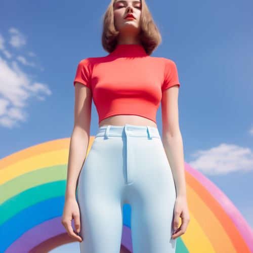 Colorful young woman wearing rainbow leggings and peapod logo t-shirt Colorful young woman wearing rainbow leggings and peapod logo t-shirt