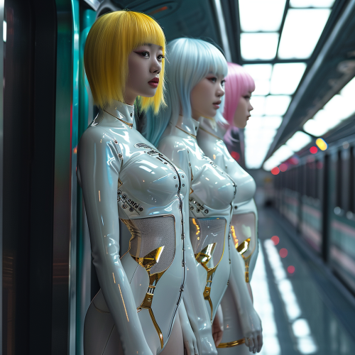 Three Gorgeous Asian Robots Girls in Futuristic Bullet Train