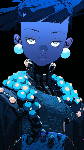 Young futuristic Asian sci-fi space protagonist with blue skin