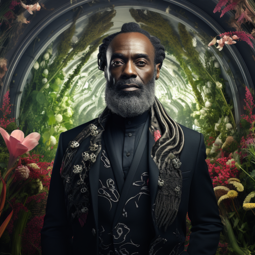 Futuristic black middle aged man in lush garden