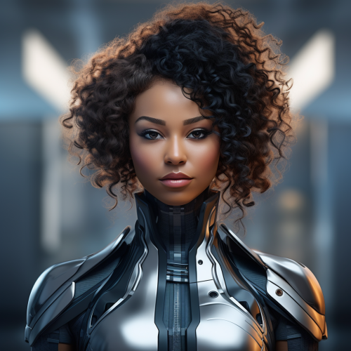 Stylish young black woman in futuristic attire
