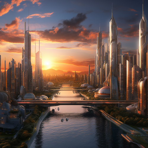 Hyper-realistic futuristic cityscape at sunset