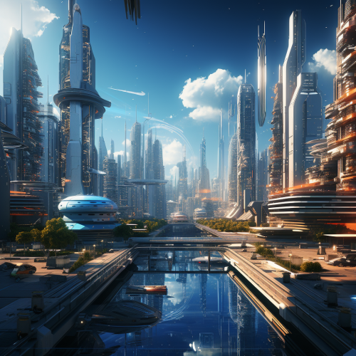Futuristic city with digital mesh overlay
