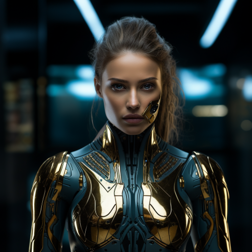 Futuristic Woman Portrayed in Black, Gold, and Blue Futuristic Woman Portrayed in Black, Gold, and Blue