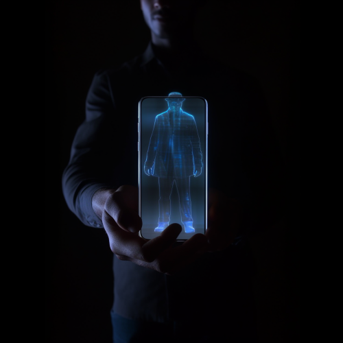 Translucent hologram of a man on a smartphone Translucent hologram of a man on a smartphone