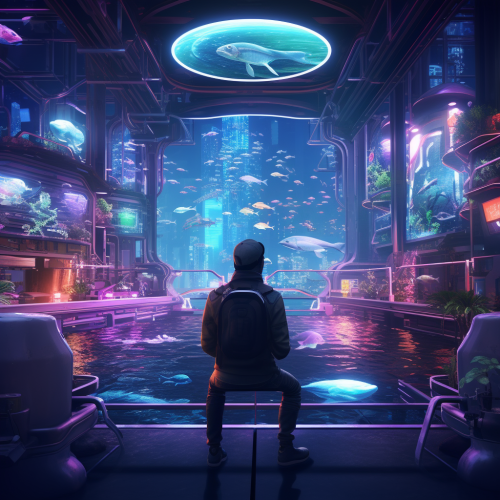 Technology-enhanced fisherman in a futuristic struggle