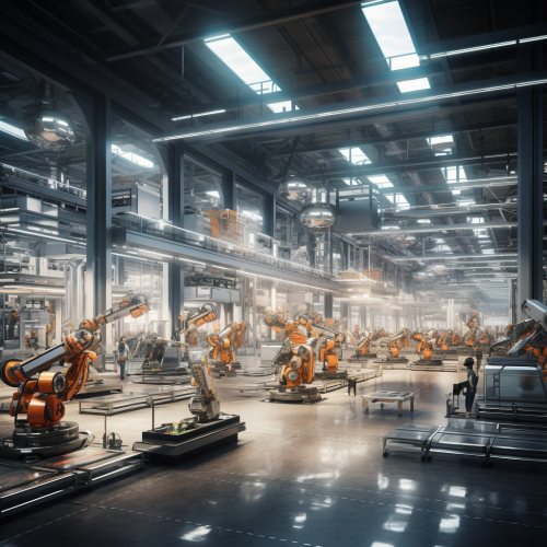 Robots moving steel beams in futuristic warehouse