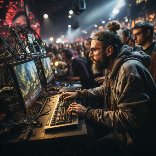 Gamer playing video games at punk band concert