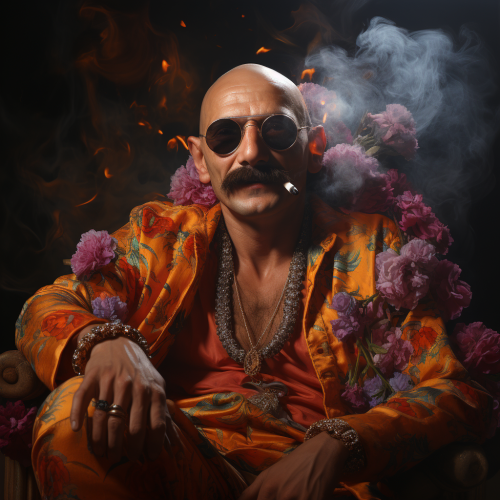 Photorealistic portrait of Gandhi smoking in a club
