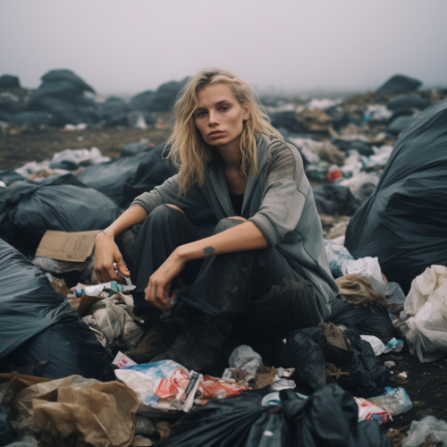 Fashionably dressed garbage worker in trash field