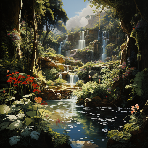 Peaceful garden waterfall in nature