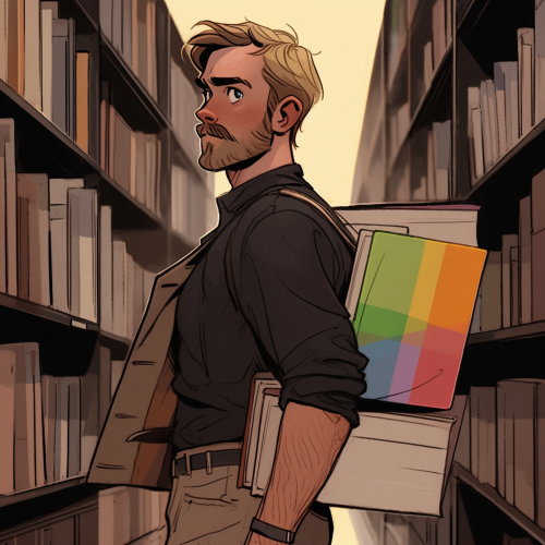Gay male professor in school library with book