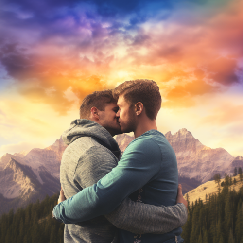 Gay men embracing with mountainscape and rainbow