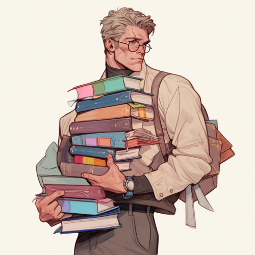 Gay professor carrying books in library sketch