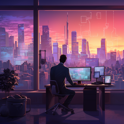 CEO at Desk with Tech Gadgets and Growth Charts