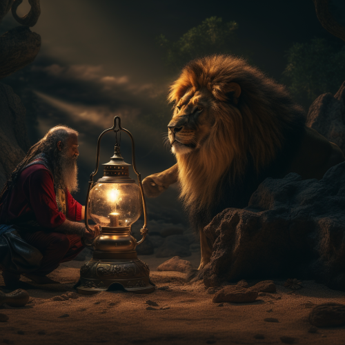 Magical genie with majestic lions in national park