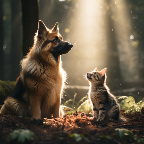 German Shepherd and Cat Playing in Forest