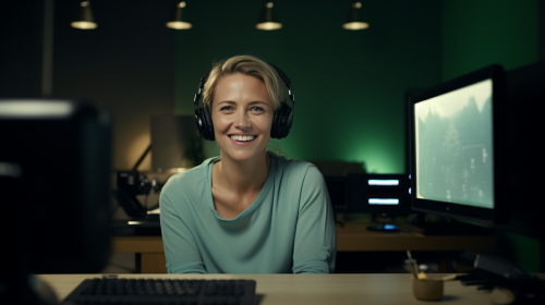 Happy German Woman Talking at Desk Happy German Woman Talking at Desk