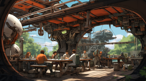 Engineers working in futuristic outdoor workshop Engineers working in futuristic outdoor workshop