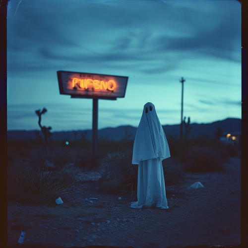 Person wearing ghost costume under neon sign