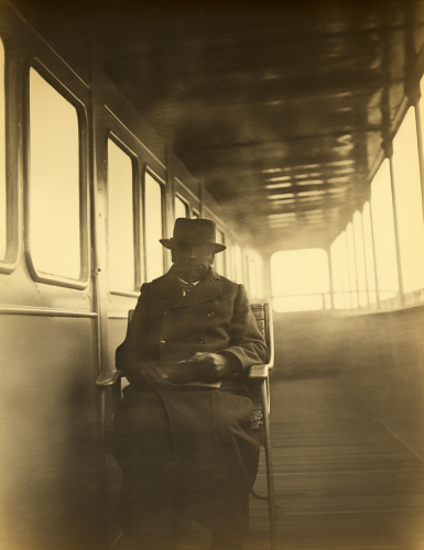 Sepia portrait of ghost passenger on 1920s promenade deck