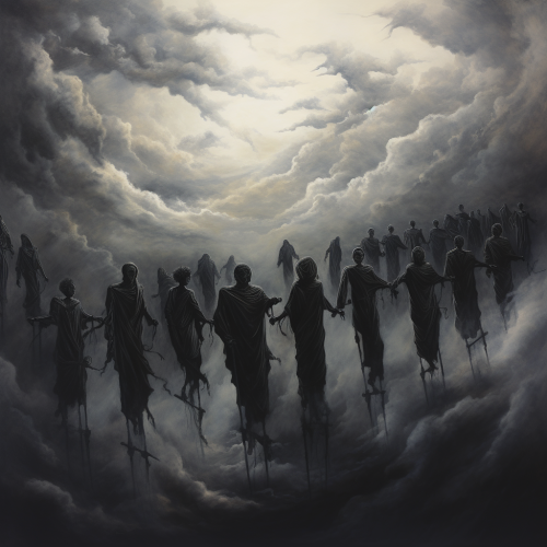 Group of ghostly black figures holding hands in line