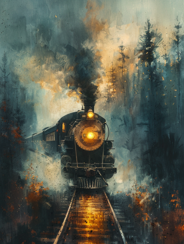 Grunge watercolor ghostly train painting