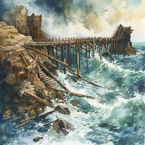 Illustration of a giant beaver dam on an ocean with a lookout bridge Illustration of a giant beaver dam on an ocean with a lookout bridge