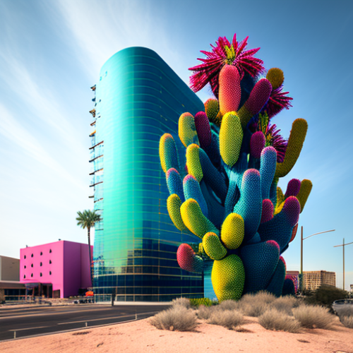 Colorful cactus surrounding a tall building