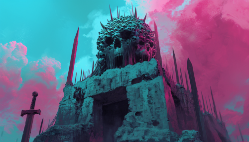 Giant demon with skulls on stone monument