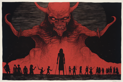 Giant devil with sythe in monochrome linocut print Giant devil with sythe in monochrome linocut print