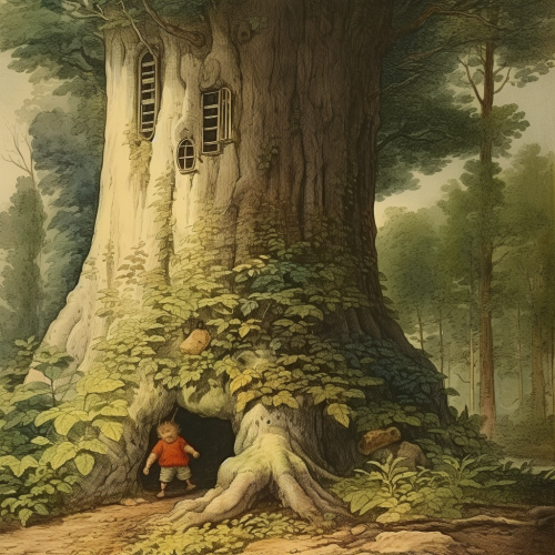 Colorful fairytale illustration of a giant hiding in the woods