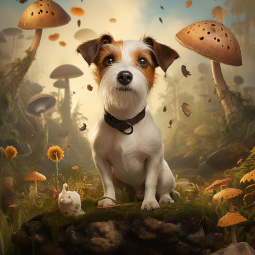Giant Jack Russell Terrier with Tiny People and Mushrooms