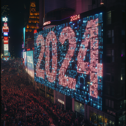 Number 2024 surrounded by celebrating crowd