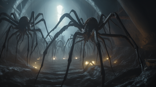 Terrifying giant spiders hanging from the ceiling