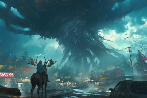 Woman Riding Moose Tornado Town