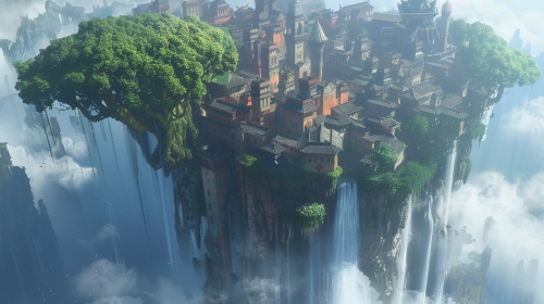 Magical tree city misty waterfall