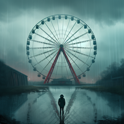Giant wheel and swimming pool under rainy skies