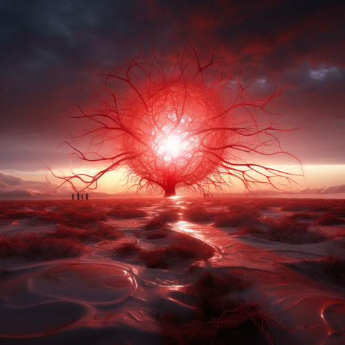 Abstract visual of organic cellular life in exoplanet landscape