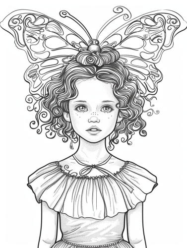 Young girl coloring page with butterfly