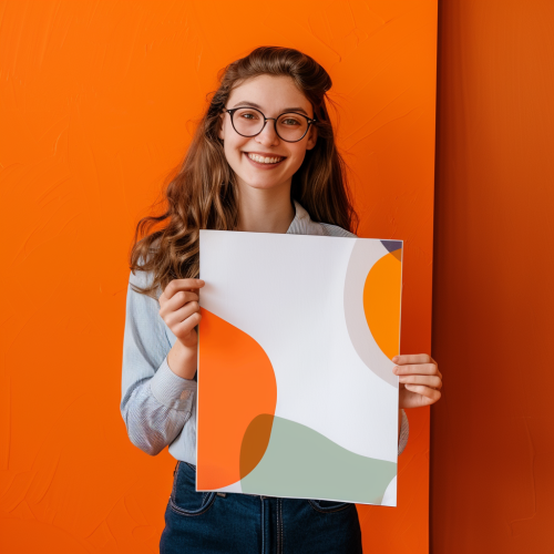 girl holding flyer mockup urban