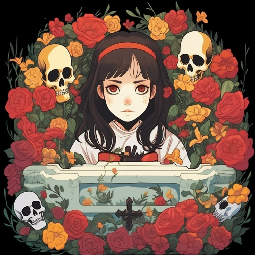 Ghibli-inspired art of girl in coffin with flowers and skulls