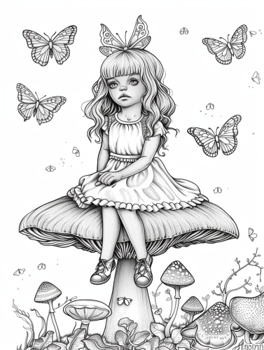 Young girl on mushroom with butterflies