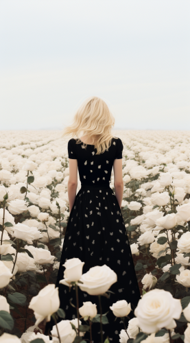 Girl in Polka Dot Dress in White Rose Field