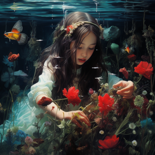 Girl posting underwater with flowers and dragonfly